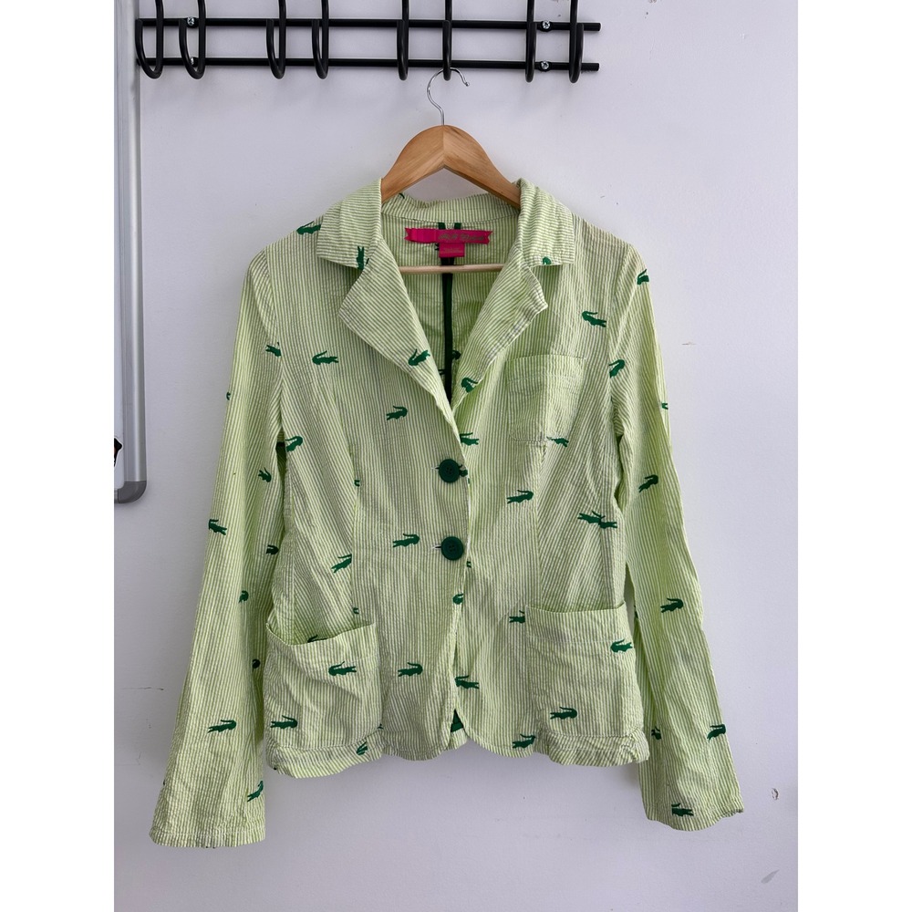BB Dakota Seersucker Blazer Green White Striped Alligator Embroidered Jacket L